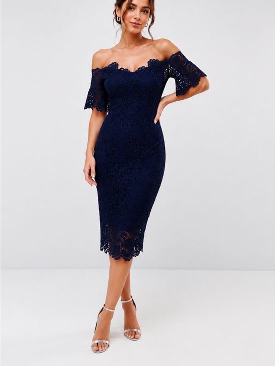 Paper Dolls Dresses & Skirts - Off-Shoulder Navy Lace Sheath Dress